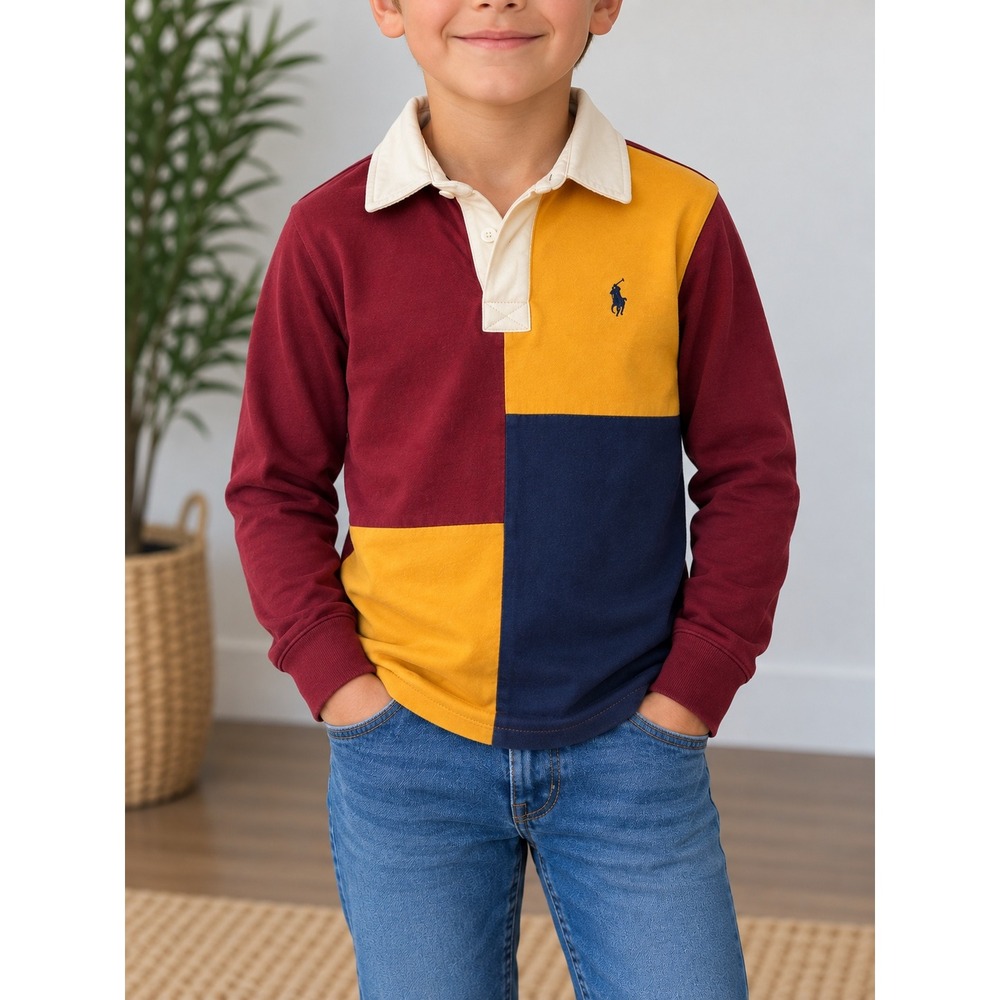 US Polo Assn Boys Large 10-12 Rugby Shirt Colorblock Long Sleeve Burgundy Yellow
